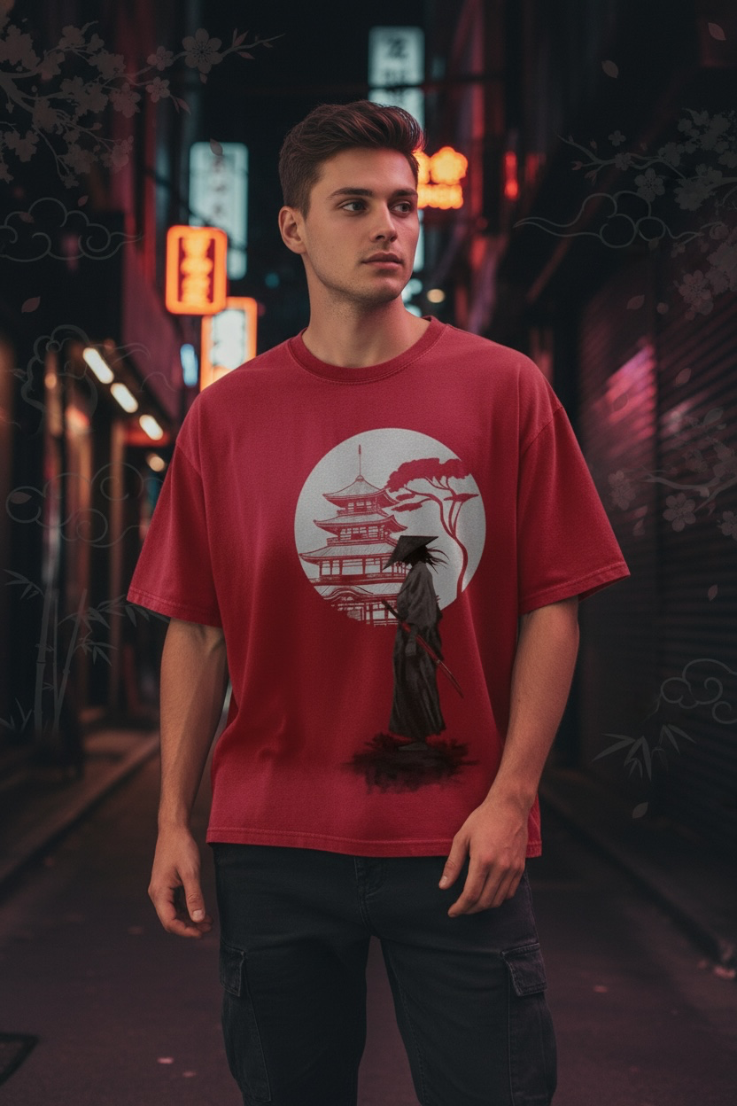 Samurai & Moon Unisex T-Shirt | Silver & DTG Print