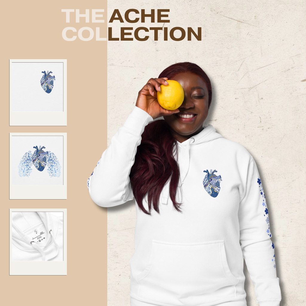 Kintsugi Heart artistic hoodie with gold cracked heart design on cotton fabric by Ink & Fable Apparel