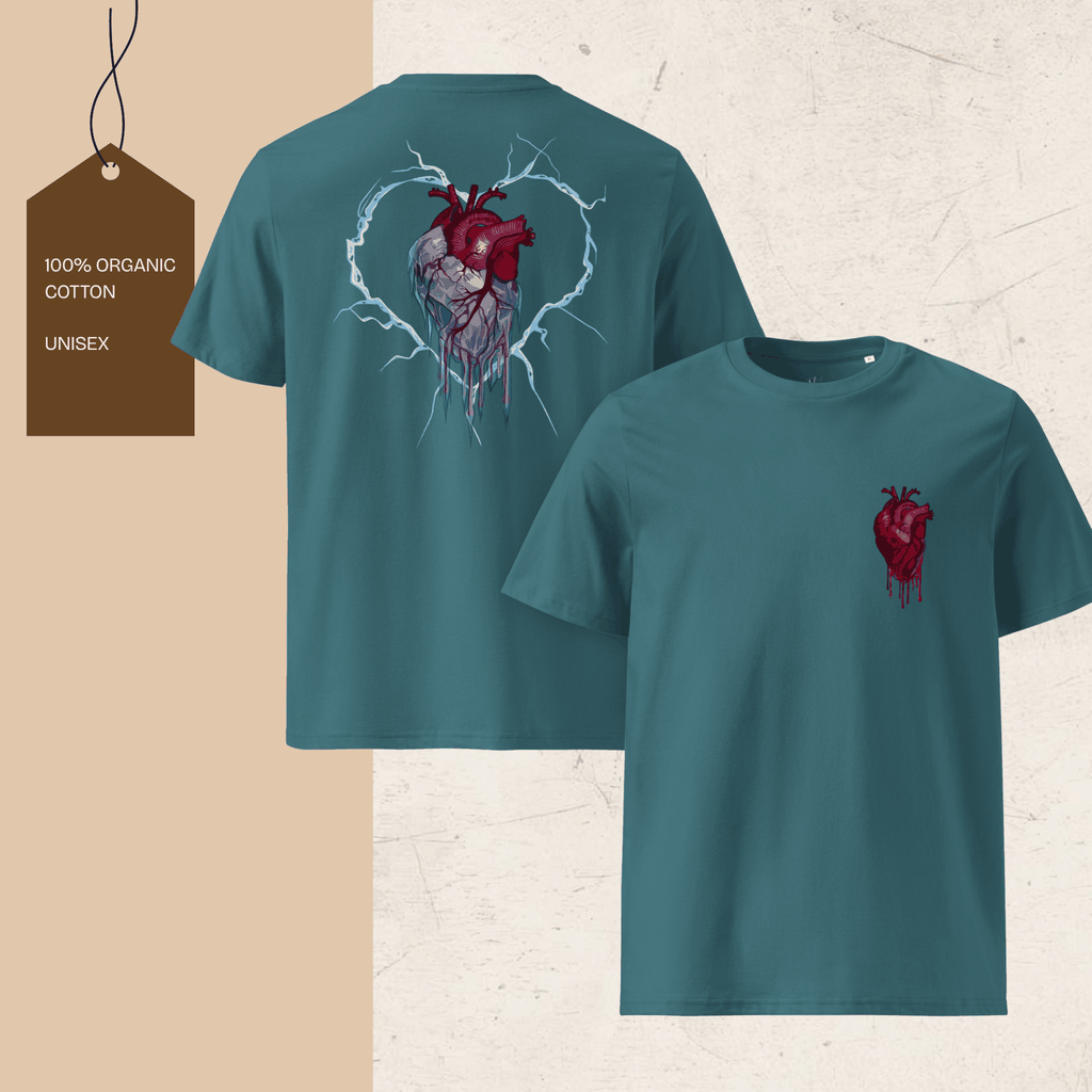 Frozen Heart graphic t-shirt made from 100% organic cotton with survival-themed design by Ink & Fable Apparel