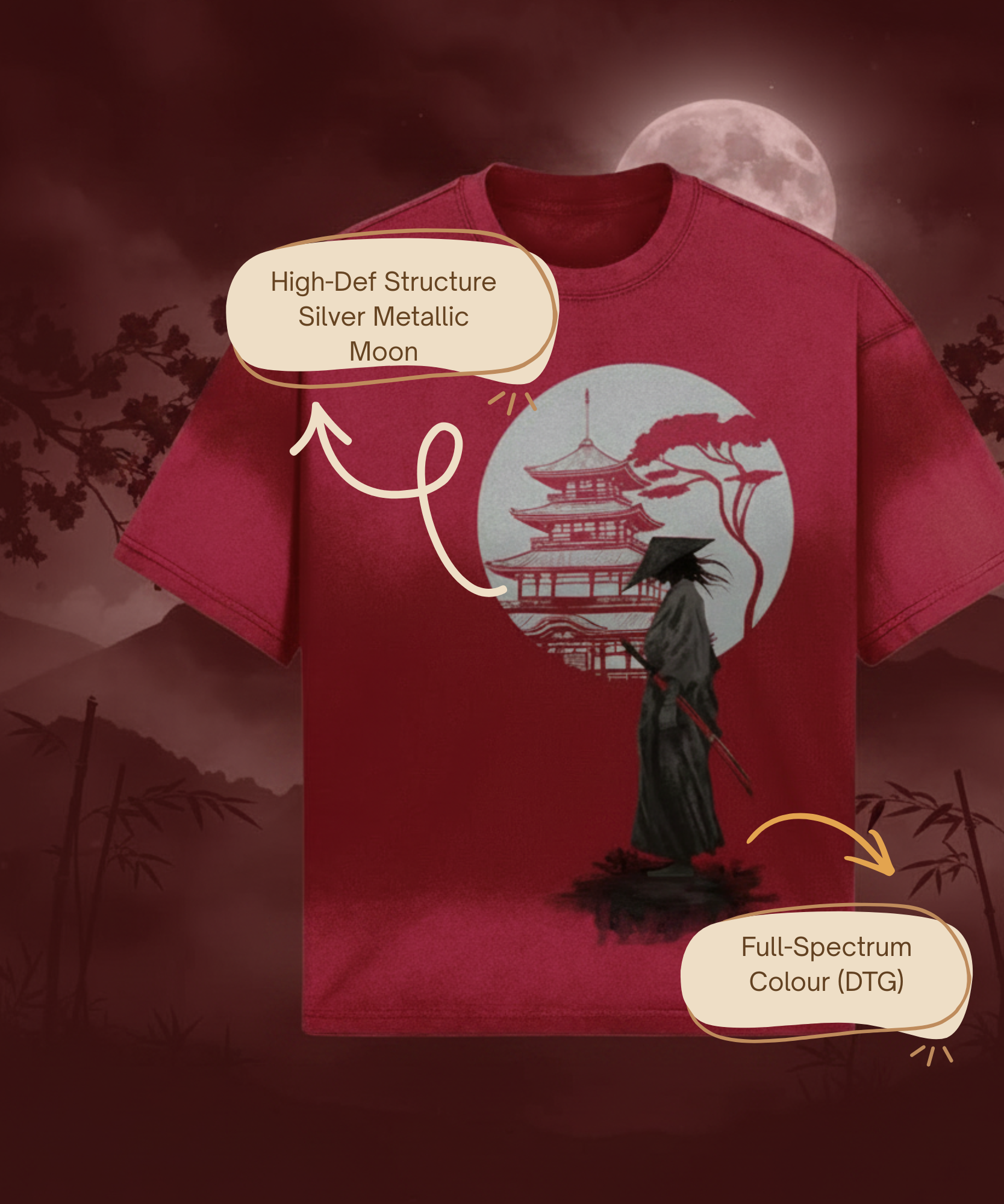 Samurai & Moon Unisex T-Shirt | Silver & DTG Print