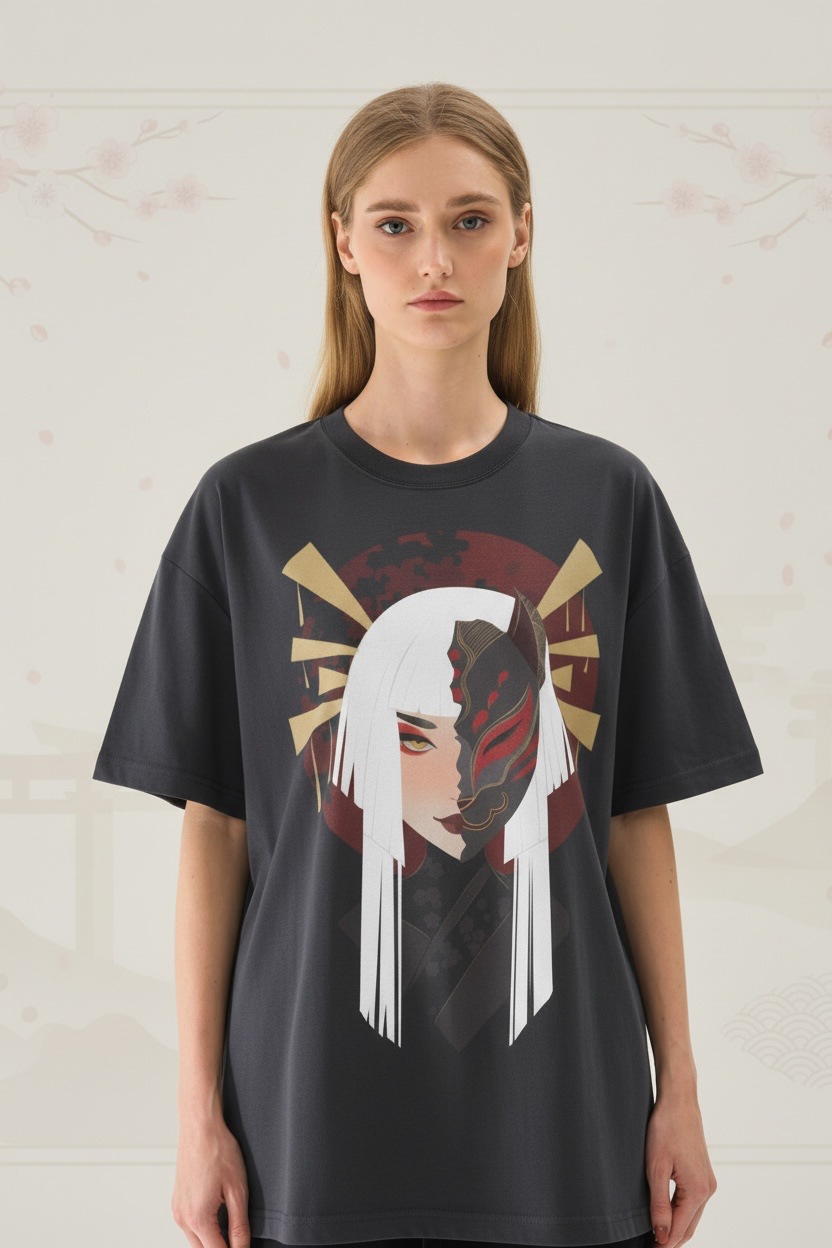 A woman modeling an oversized dark charcoal gray t-shirt featuring a stylized graphic print of a character with white hair and a red-and-black mask, set against a light beige background with faint floral patterns.