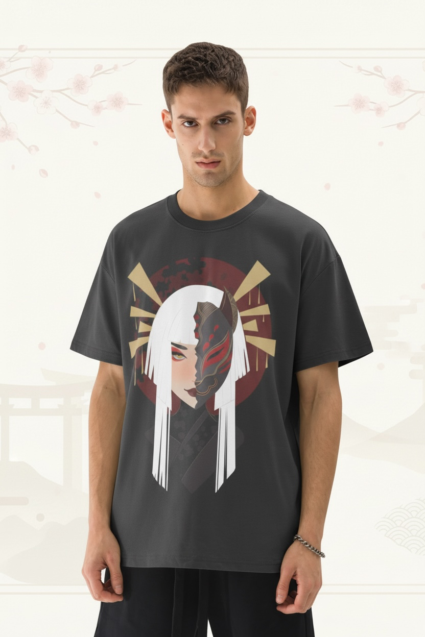A man wearing a dark gray graphic t-shirt featuring a stylized illustration of a character with white hair and a red/black mask, set against a light background with faint cherry blossom details.