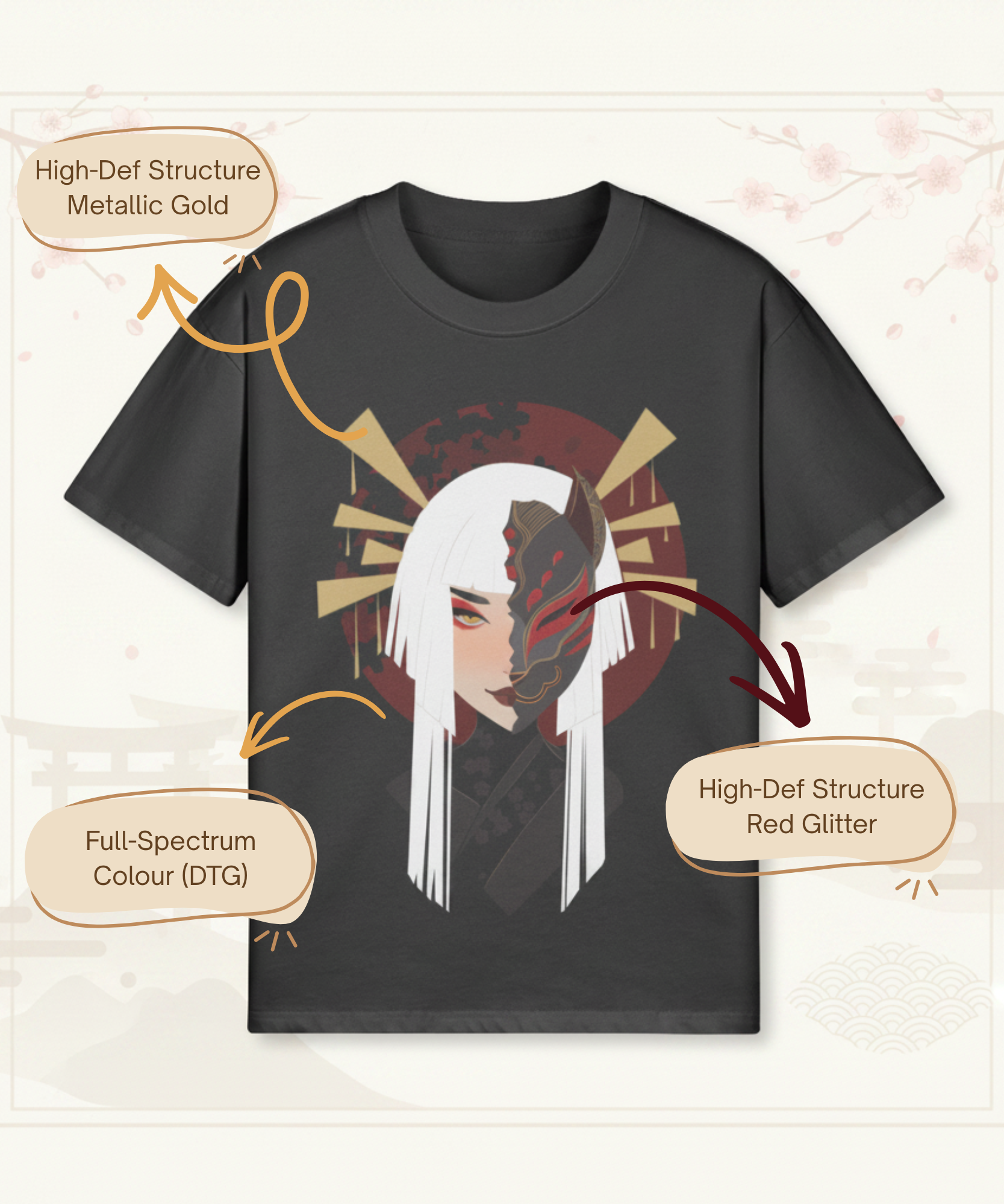 A black short-sleeve T-shirt with a stylized anime character graphic on the front, shown on a light beige background with decorative cherry blossoms and callout bubbles describing metallic gold structure, full-spectrum color, and red glitter details.