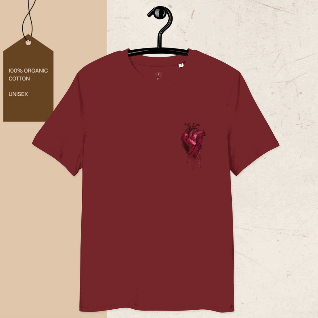Unisex organic cotton Frozen Heart graphic t-shirt with eco-friendly design and meditative message